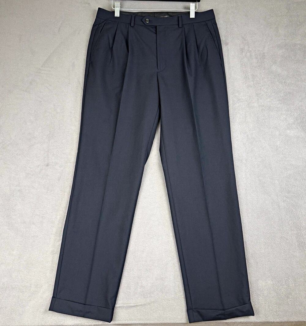 Lauren Ralph Lauren Mens 34x32 Wool Blend Pleated Cuffed Dress Pants Navy Preppy